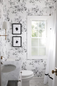 Black and White Bathroom Design with Floral Wallpaper