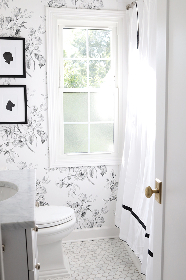Black and White Bathroom Design with Floral Wallpaper