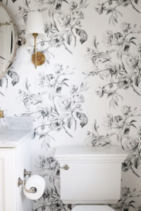 Black and White Bathroom Design with Floral Wallpaper