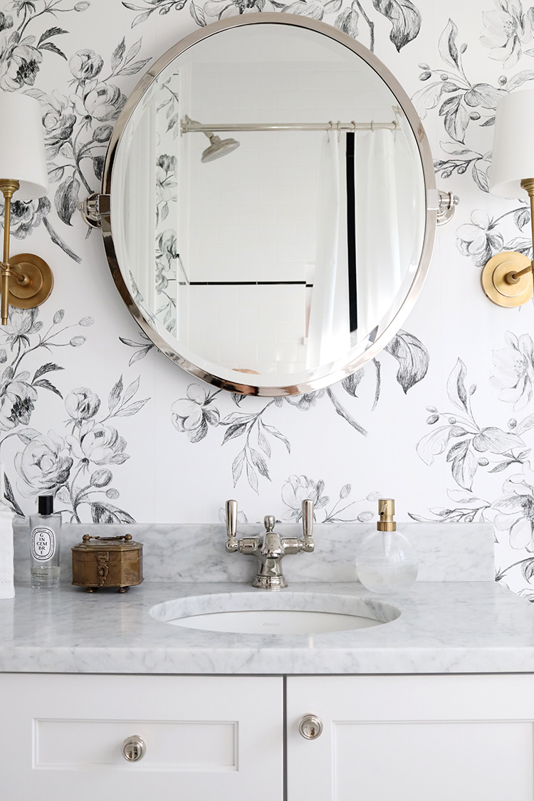 Black and White Bathroom Design with Floral Wallpaper